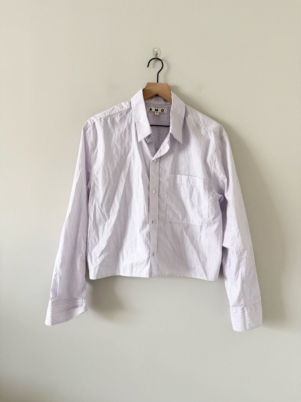 AMO Lavender-Striped Ruth Crop Cotton Button-Up Shirt Size S